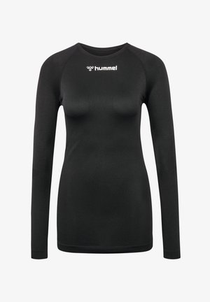 Zwarte sportshirt met lange mouwen van rekbare stof, met een ronde halslijn en logo op de borst, en een getailleerde pasvorm.