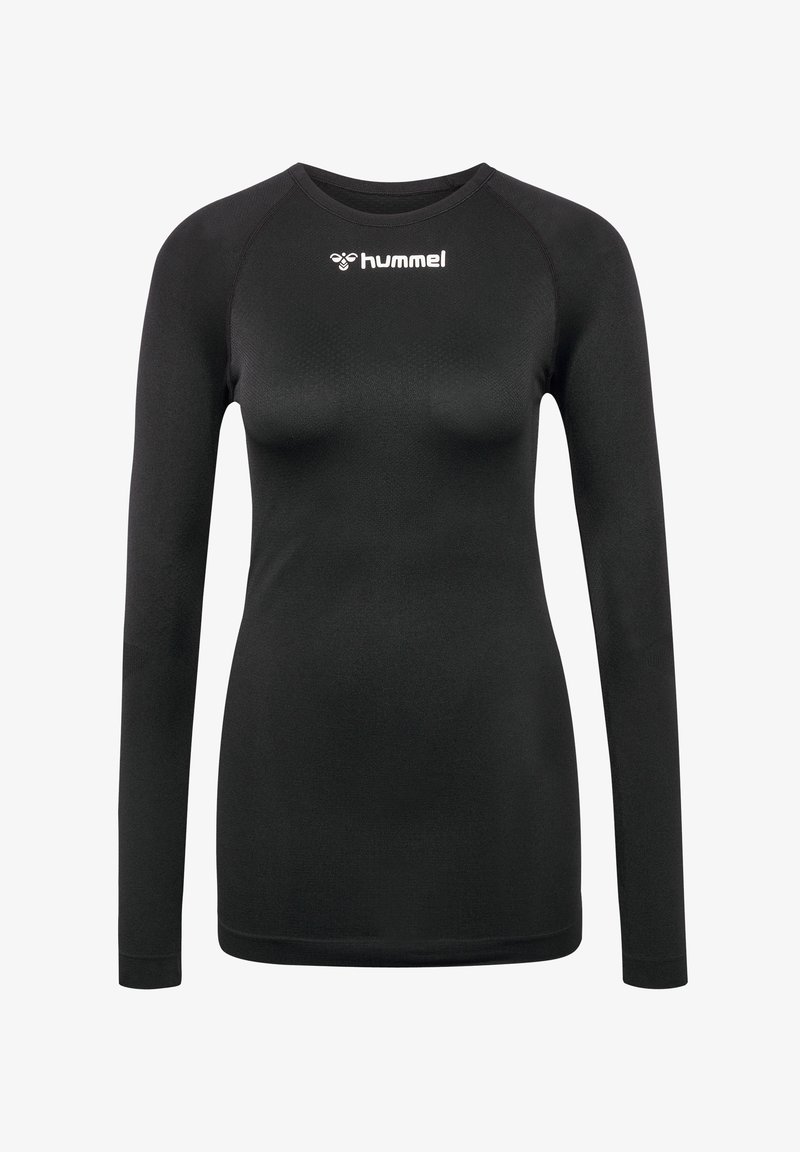 Schwarzes Longsleeve-Sportshirt aus dehnbarem Material, mit Rundhalsausschnitt und Logo auf der Brust, in figurnahem Schnitt.