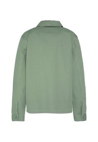Achteraanzicht van een effen lichtgroen shirt met lange mouwen, knoopmanchetten en een standaardkraag, op een witte achtergrond.