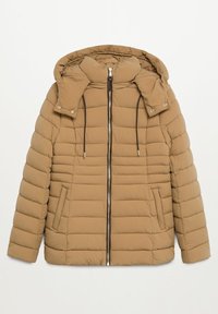 Puffjakke i beige med quiltet design. Har hætte, frontlynlås og sidelommer. Materialet virker blødt og let.