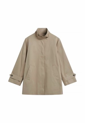 Veste beige mi-longue à manches longues avec col montant, poignets boutonnés, deux poches avant et fermeture avant dissimulée.