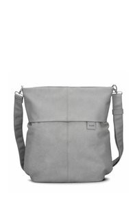 Borsa a spalla sintetica grigia con un design semplice, chiusura con zip, tracolla regolabile e logo in rilievo sul pannello anteriore.