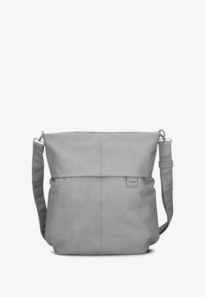 Borsa a spalla sintetica grigia con un design semplice, chiusura con zip, tracolla regolabile e logo in rilievo sul pannello anteriore.