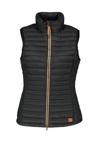 Zwarte gewatteerde vest met hoge kraag, horizontaal gestikte textuur, ritssluiting aan de voorkant met een tan kleurige trekker en een klein logo aan de linker onderkant.