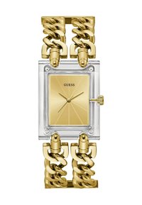 Guldtonet ur med firkantet skive, gennemsigtig ramme og kædearmbånd. Har en solstråledial i guld og klare detaljer.