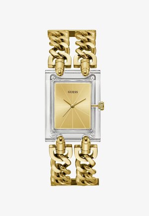 Gouden horloge met een rechthoekige wijzerplaat, transparante rand en een schakelsysteem als armband. Het heeft een zonnestraal gouden wijzerplaat en heldere accenten.