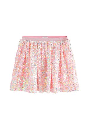 Rosa Kleinkindrock mit irisierenden Pailletten und glitzerndem elastischem Bund, entworfen für festliche Anlässe oder Partys.