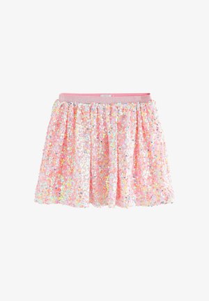 Pink toddler skirt with iridescent sequins and glittery elastic waistband, designed for festive or party wear.