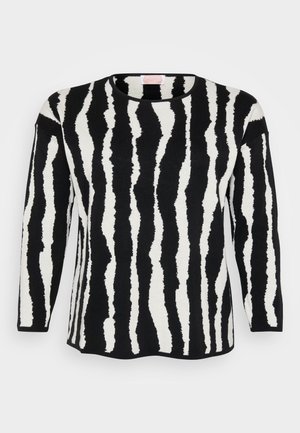 Pikad varrukad ja must-valge kampsun, millel on tekstuuriga laineline triibumuster. Ümmargune kaelus, pehme kangas ja vabalt sobiv lõige.