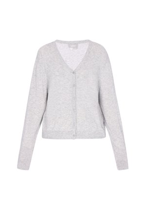 Cardigan a V grigio chiaro con bottoni, maniche lunghe e una morbida trama in maglia, etichettato "usha".