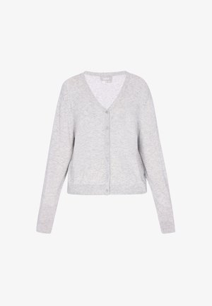 Világosszürke, V-nyakú, gombos kardigán hosszú ujjakkal és puha kötött textúrával, "usha" márkajelzéssel.