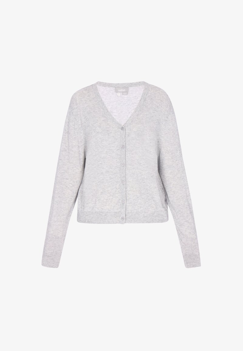 Lichtgrijze V-hals cardigan met knopen, lange mouwen en een zachte, gebreide structuur, met het label "usha".