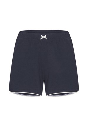 Pantaloncini casual blu navy con vita elastica e piccolo fiocco bianco al centro davanti, dotati di tasche laterali e rifinitura bianca all'orlo delle gambe.