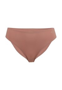 Pink, seamless women's bikini briefs made of soft fabric. Features a slight sheen and a small logo on the front waistband.
