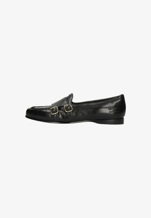 Sorte læder loafers med rund tå, der har to guldfarvede spænde detaljer og en flad sål. Glat tekstur med en subtil glans.