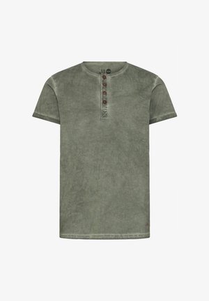 Rövid ujjú zöld póló, puha anyagból, kerek nyakkal és három gombos pánttal barna gombokkal. Finom textúra.