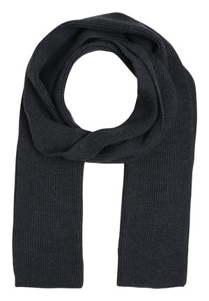 Écharpe côtelée gris foncé en tissu doux, avec un design long et étroit à la texture uniforme et une torsion au centre.