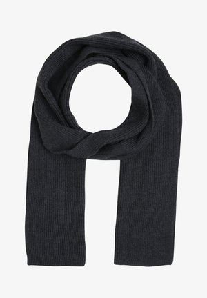 Écharpe côtelée gris foncé en tissu doux, avec un design long et étroit à la texture uniforme et une torsion au centre.