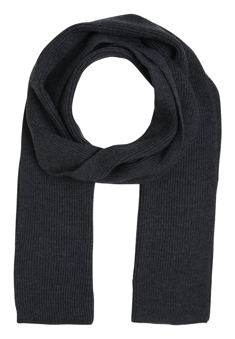 Sciarpa a coste di un grigio scuro, realizzata in un tessuto morbido, caratterizzata da un design lungo e stretto con una consistenza uniforme e un torciglione al centro.