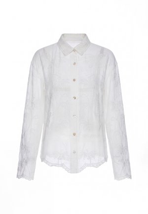 Weiße langärmelige Bluse mit Knopfleiste, feiner Blumenstickerei, geschwungenem Saum und klassischem Kragen.