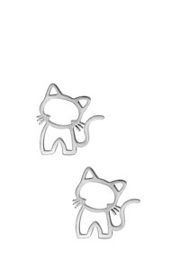 Twee zilveren koekjesuitstekers in de vorm van katten met open centra, met duidelijke details van oren, staart en snorharen, en een gladde metallic afwerking.