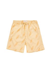 Yellow swim shorts with a repeating bird pattern, elastic waistband with drawstring, made from lightweight fabric, knee-length design.