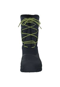 Stivali da neve neri con suole in gomma testurizzata, polsini imbottiti e lacci verde neon. Presentano occhielli rinforzati e un design elegante.