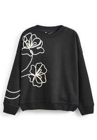 Sweat-shirt noir avec col et poignets côtelés, orné d'une broderie florale couleur crème sur un côté. Texture douce et coupe décontractée.