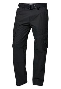 Schwarze Cargohosen aus strapazierfähigem Stoff, mit mehreren Taschen, einem Gürtel mit Metallschnalle und einem geraden Bein.