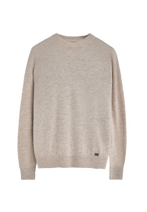 Hellbeige Pullover aus weichem Stoff. Verfügt über einen Rundhalsausschnitt, lange Ärmel, gerippte Bündchen und ein kleines Metal-Logo am Saum.