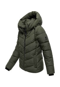 Zielona oliwkowa kurtka puchowa z kapturem; posiada pikowane panele, zamek błyskawiczny z przodu oraz elastyczne mankiety. Zawiera regulowane sznurki.