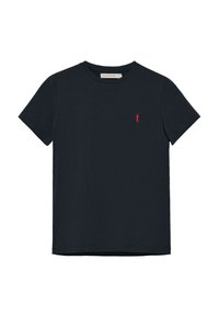 Marineblauwe katoenen t-shirt met een ronde hals, korte mouwen en een klein rood logo op de borst. Klassiek ontwerp met een soepele textuur.