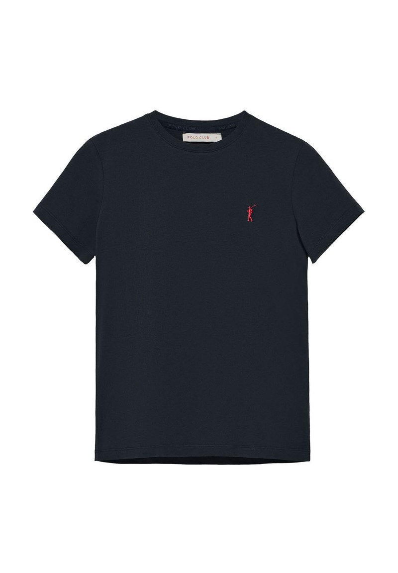 Marineblauwe katoenen t-shirt met een ronde hals, korte mouwen en een klein rood logo op de borst. Klassiek ontwerp met een soepele textuur.