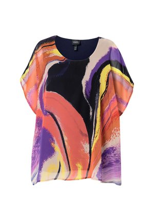 Pestrobarevná, nadměrná blůza s kulatým výstřihem. Vyrobená z lehkého materiálu s abstraktními vzory v purpurové, oranžové, žluté a černé barvě.