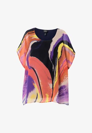 Blusa colorata e oversize con collo rotondo. Realizzata in tessuto leggero con motivi astratti in viola, arancione, giallo e nero.