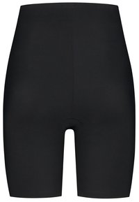 Pantalones cortos de ciclismo negros de cintura alta, fabricados en tejido elástico, con una textura suave y una forma ajustada con detalles de costura mínimos.