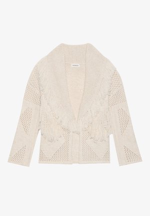 Elfenbeinfarbenes gestricktes Cardigan mit fransigem Kragen, offenem Design und strukturierten Mustern mit Diamant- und Netzdetails.