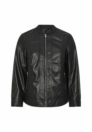 Giubbotto in ecopelle nera con zip frontale, dettagli rigati sulle maniche e cuciture verticali per texture e design.