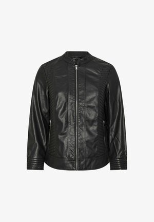 Black faux leather jacket with a zip front, ribbed accents on sleeves, and vertical stitching details for texture and design.