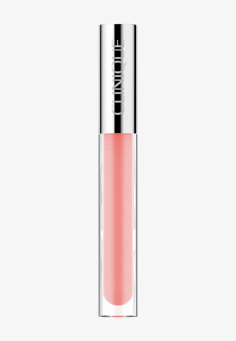 Tube de gloss à lèvres en verre clair avec un capuchon argenté. Contient un gloss rose clair et scintillant. Texture lisse et forme cylindrique élégante.
