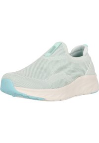 Valkosininen liukusneakers, jossa on verkkomateriaalia päälliosassa, joustava kaulus, pehmustettu sisäpohja ja valkoinen joustava pohja, jossa on teksturoitu pito-kuvio.