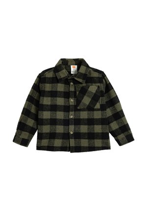Zielono-czarna koszula flanelowa w kratę z długimi rękawami, z zapięciem na guziki i kieszenią na piersi. Miękka tekstura, casualowy design.