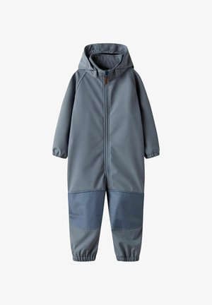 Grauer Overall für Kinder mit Kapuze, durchgehendem Reißverschluss vorne und verstärkten Kniepolstern, elastischen Bündchen an Ärmeln und Knöcheln.