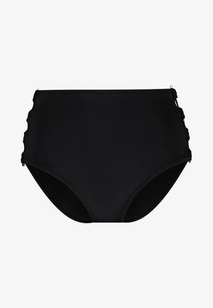 Hochgeschnittene schwarze Bikinihose mit einer glatten Textur, die seitliche Ausschnitte und kleine dekorative Akzente an den Seiten aufweist.