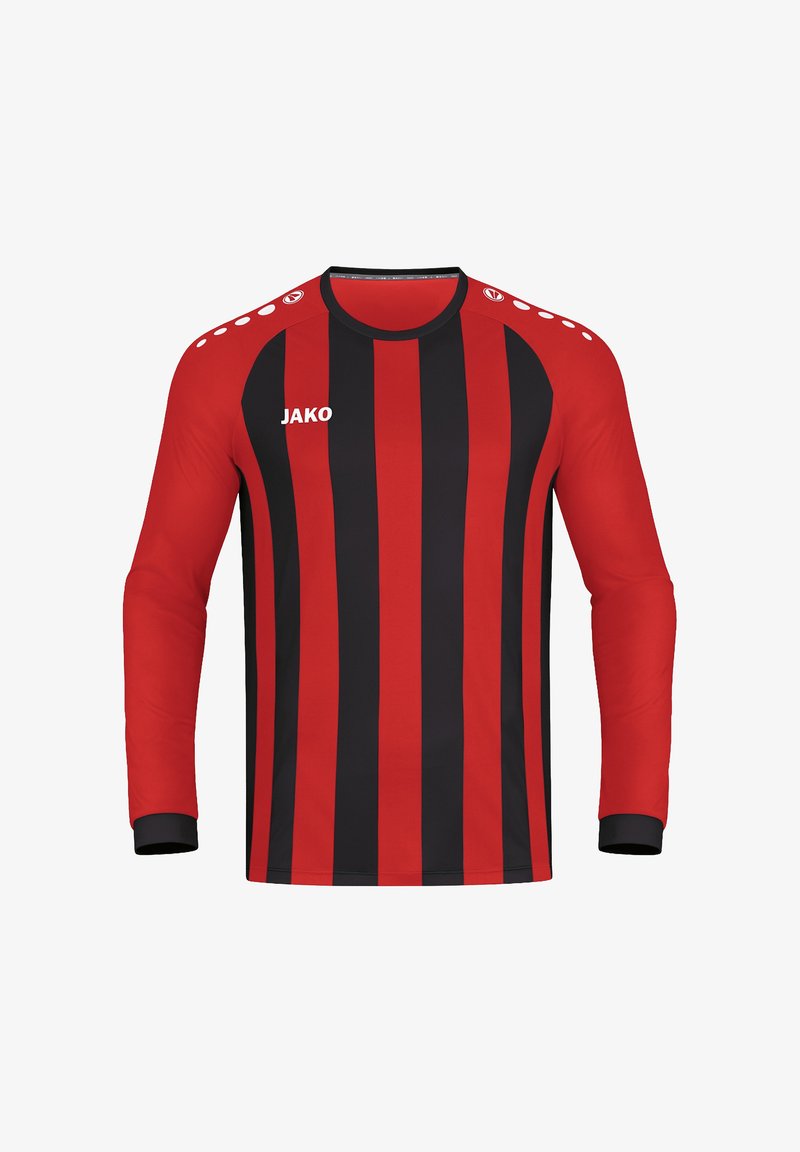 Langärmliges Sporttrikot mit vertikalen roten und schwarzen Streifen, Rundhalsausschnitt und weißem Herstellerlogo auf der Brust.