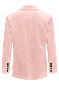 Rosa kordflorsblazer med slagkrage, långa ärmar och svarta knappdetaljer på ärmsluten. Vertikal ribbad textur genom hela plagget.