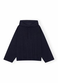 Granatowy sweatshirt z kapturem o luźnym kroju, długimi rękawami i elastycznym dołem. Wykonany z miękkiego materiału o strukturalnym wykończeniu.