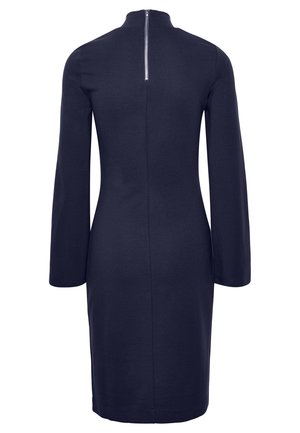 Navy blue knee-length dress with long sleeves, high collar, and visible back zipper closure.