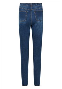 Ciemnoniebieskie, elastyczne dżinsy o dopasowanym kroju. Zawierają dwie tylne kieszenie, kontrastowe szwy oraz elastyczny połączenie w pasie.