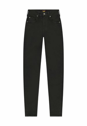 Czarne dżinsy o slim fit, pięć kieszeni, z zapinaniem na guziki z przodu. Mają widoczne przeszycia oraz naszywkę z logo z tyłu.